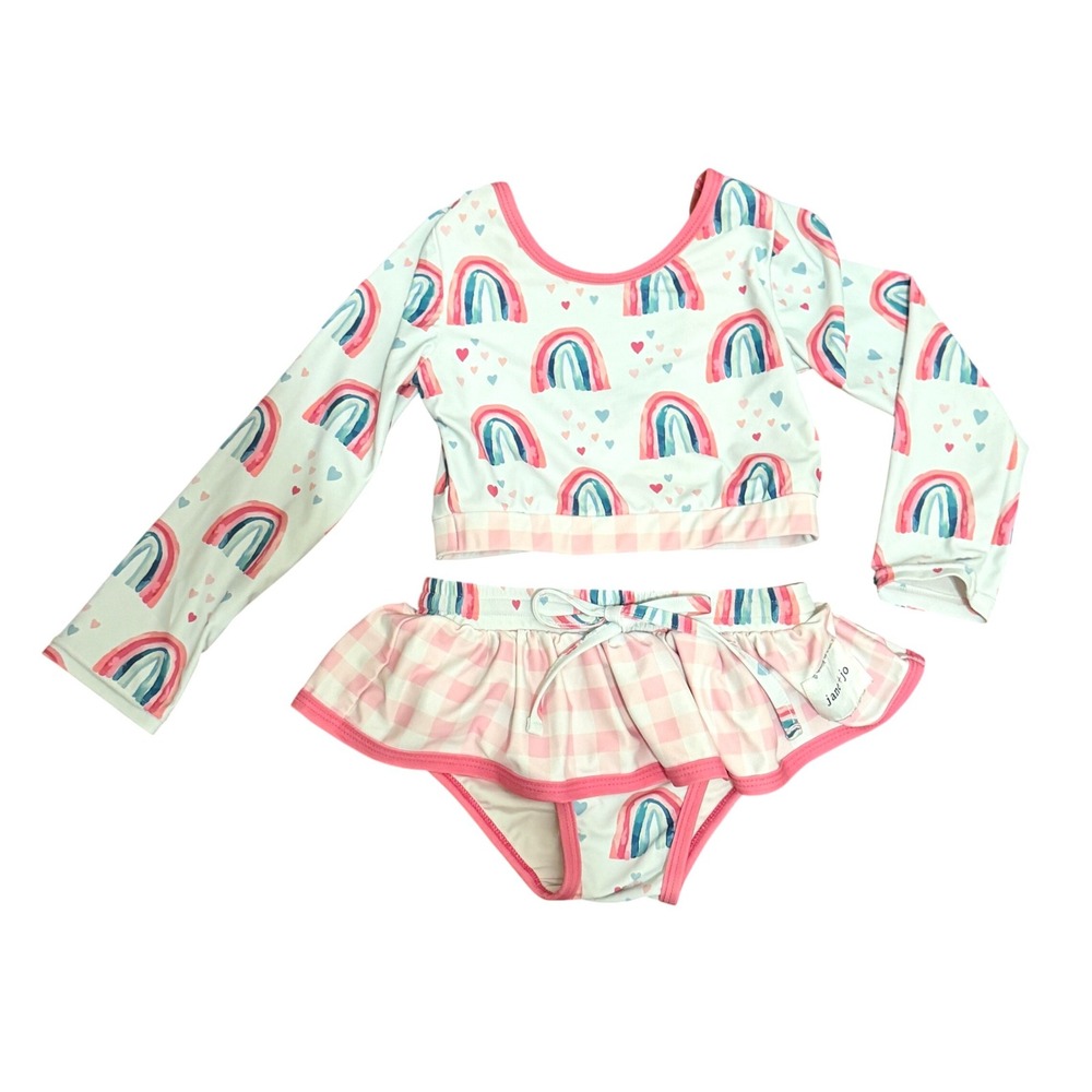 Jane +‎ Jo Girls 4T Rainbow Heart Long Sleeve Rash Guard Bikini Set Whimsical